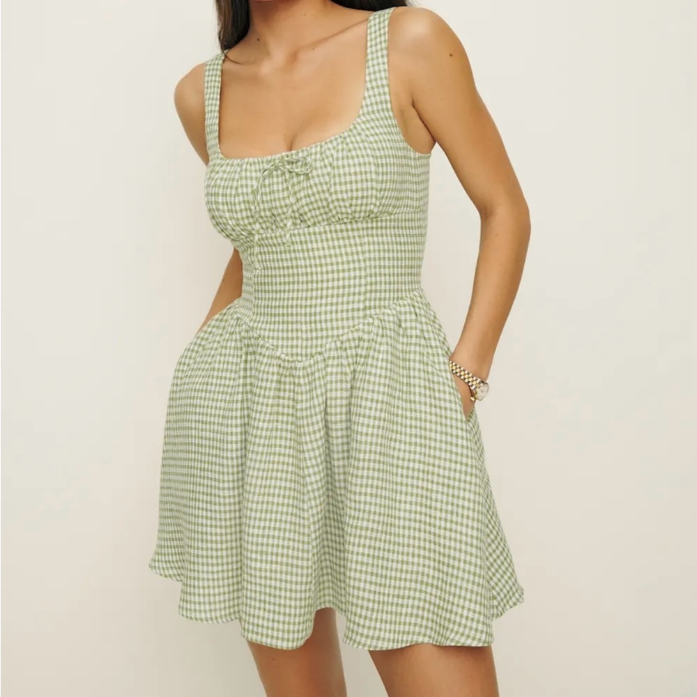 Reformation Daria Green Checkered Mini Dress in Avocado Check